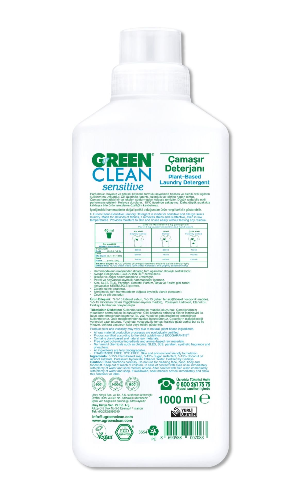 CLZ193 Green Clean Sensiti Parfümsüz Bitkisel Çamaşır Deterjanı 1000ml