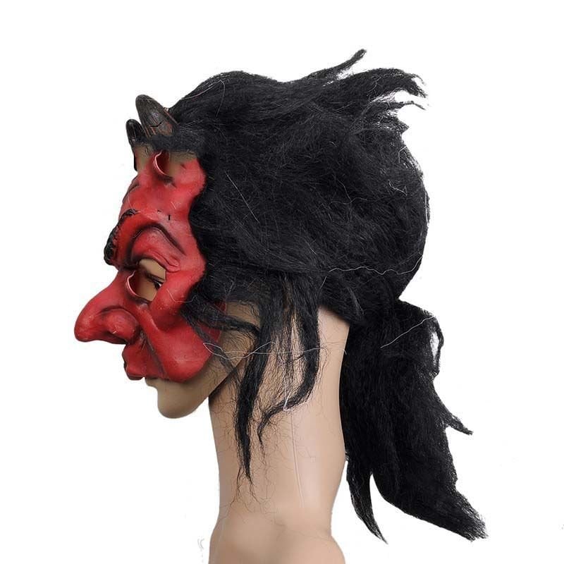 CLZ193 Lateks Korku Maskesi Şeytan Boynuzlu Kırmızı Maske Saçlı