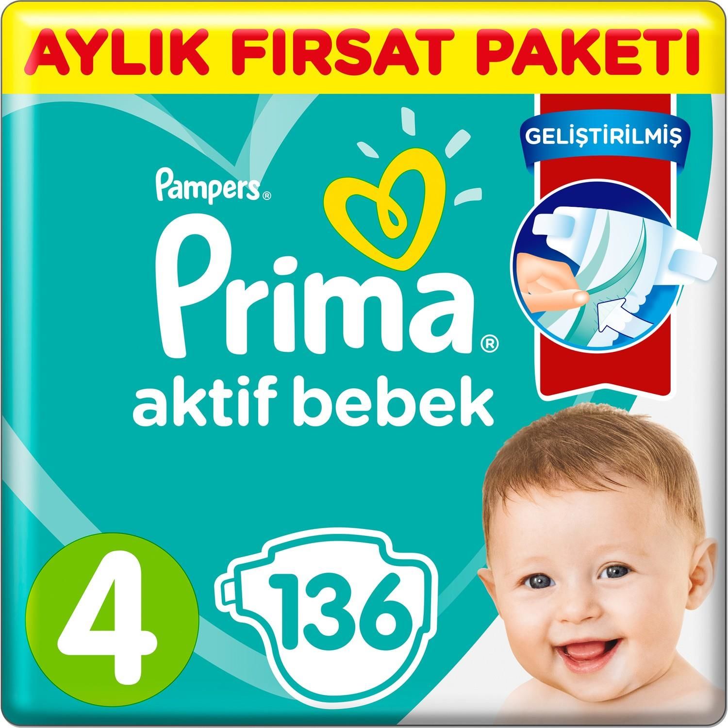 CLZ193 Prima Bebek Bezi Aktif Bebek 4 Beden Aylık Fırsat Paketi 136 Adet