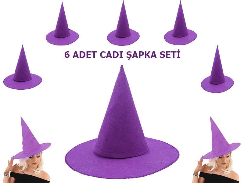 CLZ193 Mor Renk Keçe Cadı Şapkası Yetişkin Çocuk Uyumlu 6 Adet