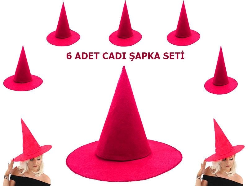 CLZ193 Parti Aksesuar Pembe Fuşya Renk Keçe Cadı Şapkası Yetişkin Çocuk Uyumlu 6 Adet