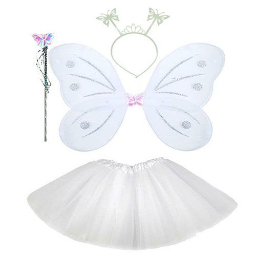 CLZ193 Beyaz Kelebek Kostümü - Beyaz Kelebek Kostüm Aksesuar Seti 4 Parça
