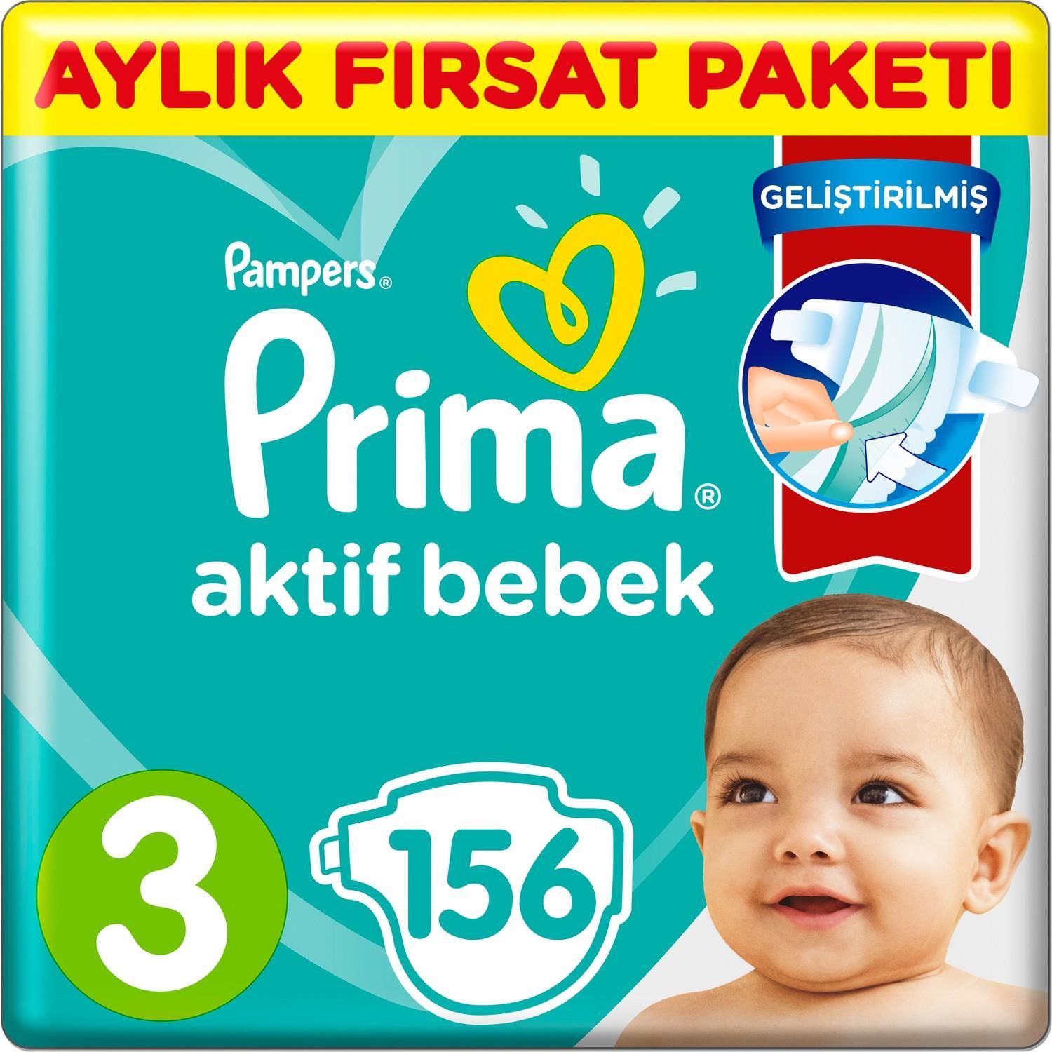 CLZ193 Prima Bebek Bezi Aktif Bebek 3 Beden Aylık Fırsat Paketi 156 Adet