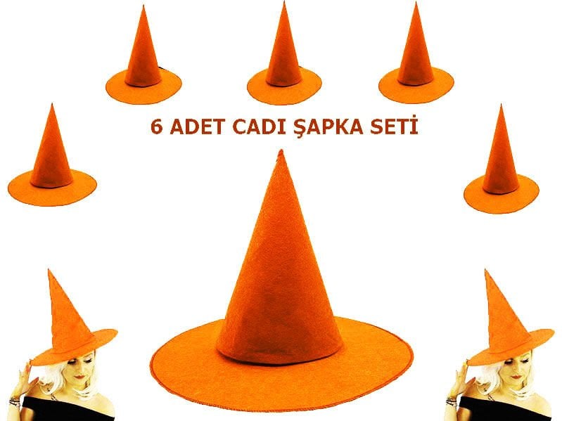 CLZ193 Turuncu Renk Keçe Cadı Şapkası Yetişkin Çocuk Uyumlu 6 Adet