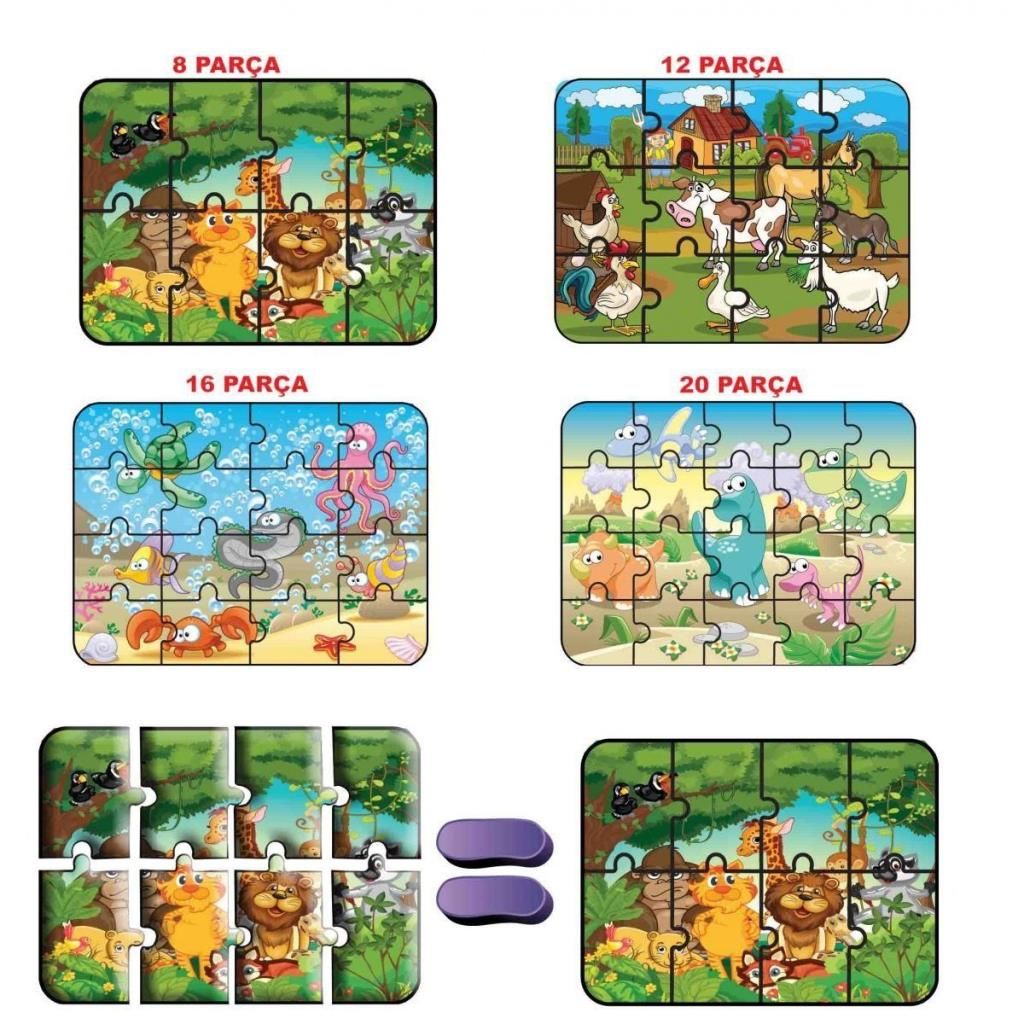 CLZ193 1481 DıyToy Süper Renkli 4lü Puzzle - Hayvanlar / 8+12+16+24 Parça Puzzle