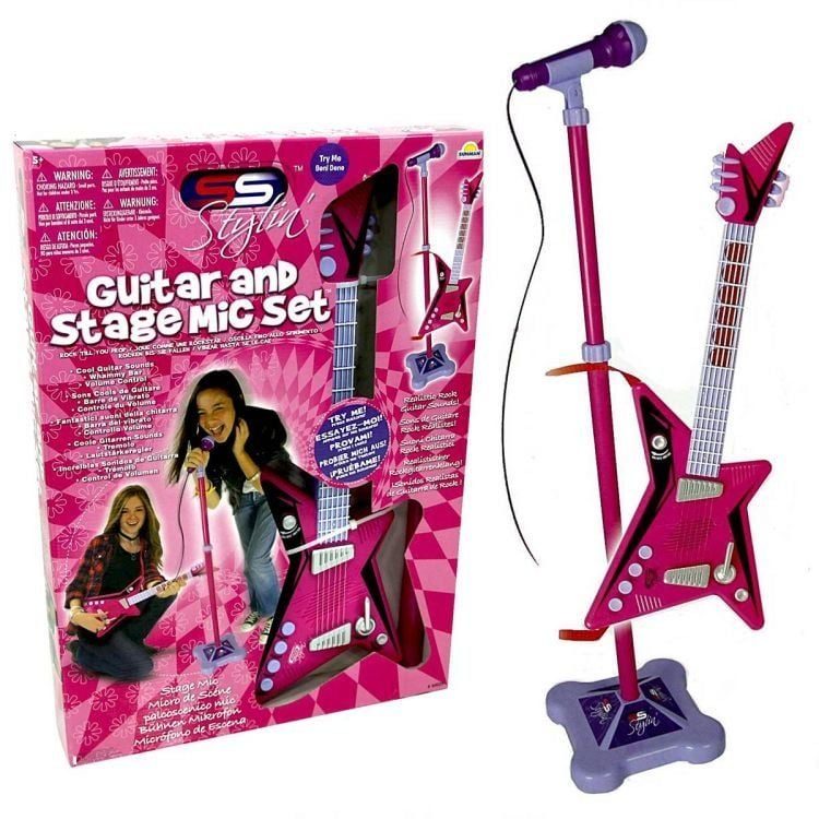 CLZ193 Karaoke Ayaklı Mikrofonlu Pembe Gitar