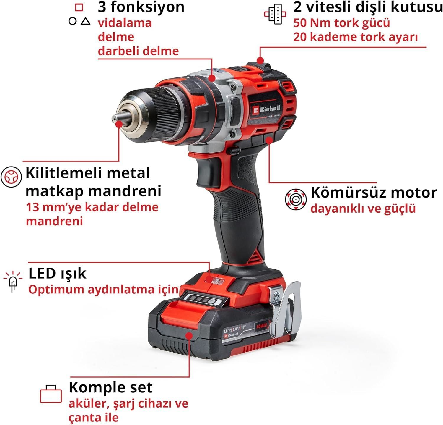 Einhell TE CD 18/50 Lİ-İ BL Darbeli Vidalama 2X2,0 Ah Einhell TE CD 18/50 Lİ-İ BL Darbeli Vidalama 2X2,0 Ah