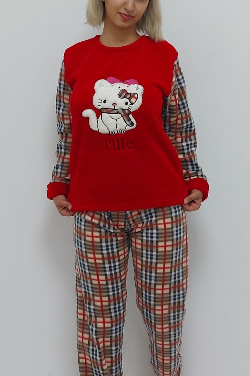 CLZ944 Kedi Desenli PijamaTakımı Kırmızı
