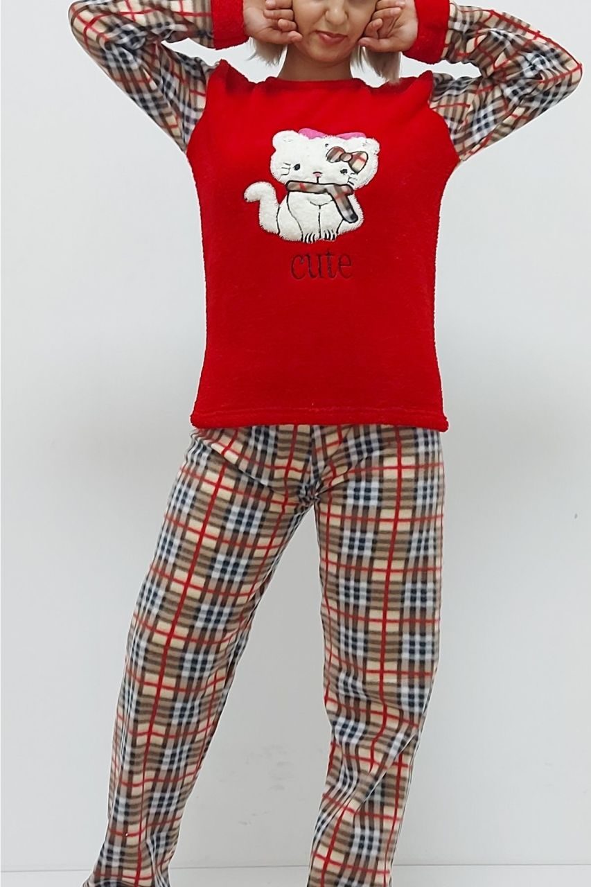 CLZ944 Kedi Desenli PijamaTakımı Kırmızı