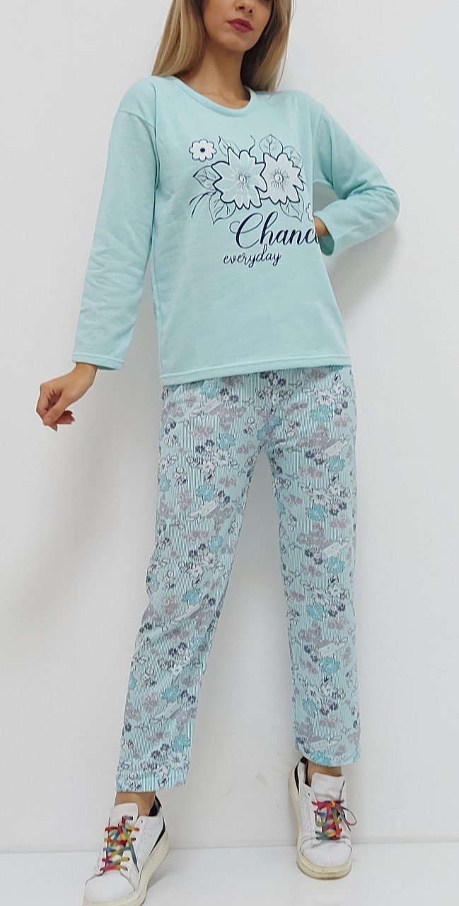 CLZ944 Baskılı İçi Tüylü Pijama Takımı Mint