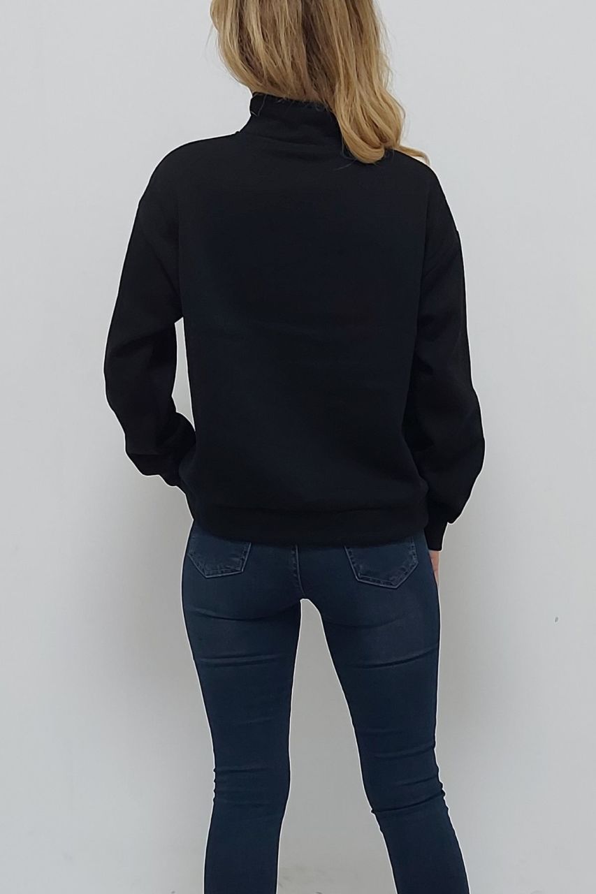 CLZ944 NY Nakışlı Üç İplik İçi Pamuk Yakası Fermuarlı Sweatshirt Siyah