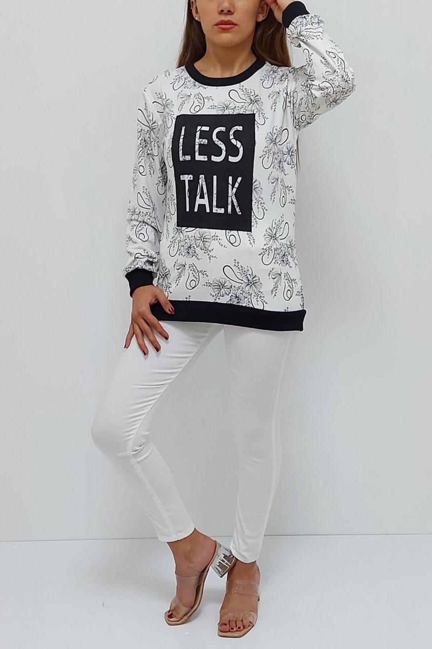 CLZ199 Less Talk Baskılı Desenli Sweatshirt Beyaz