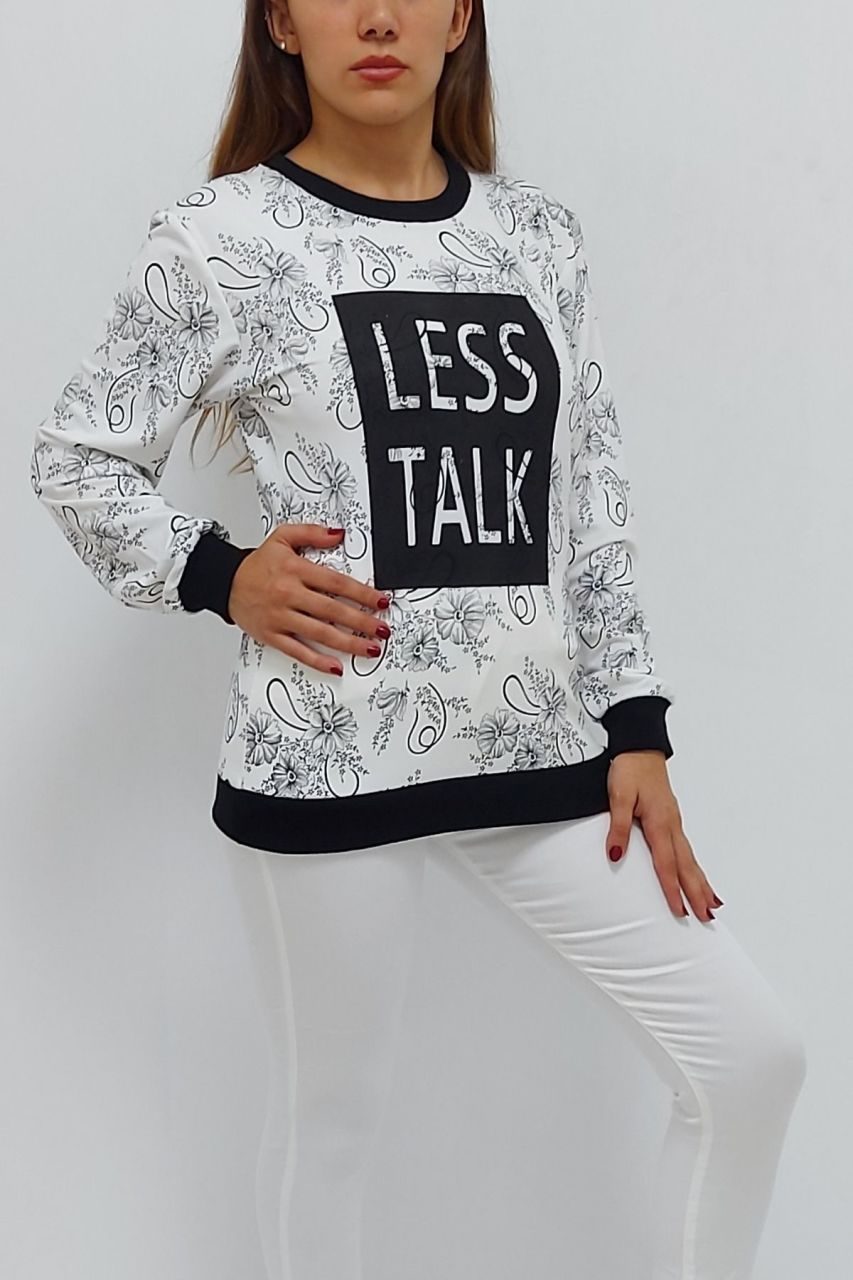 CLZ199 Less Talk Baskılı Desenli Sweatshirt Beyaz