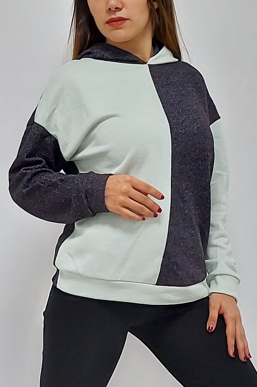 CLZ944 Kapüşonlu Parçalı Sweatshirt Mint-Antrasit