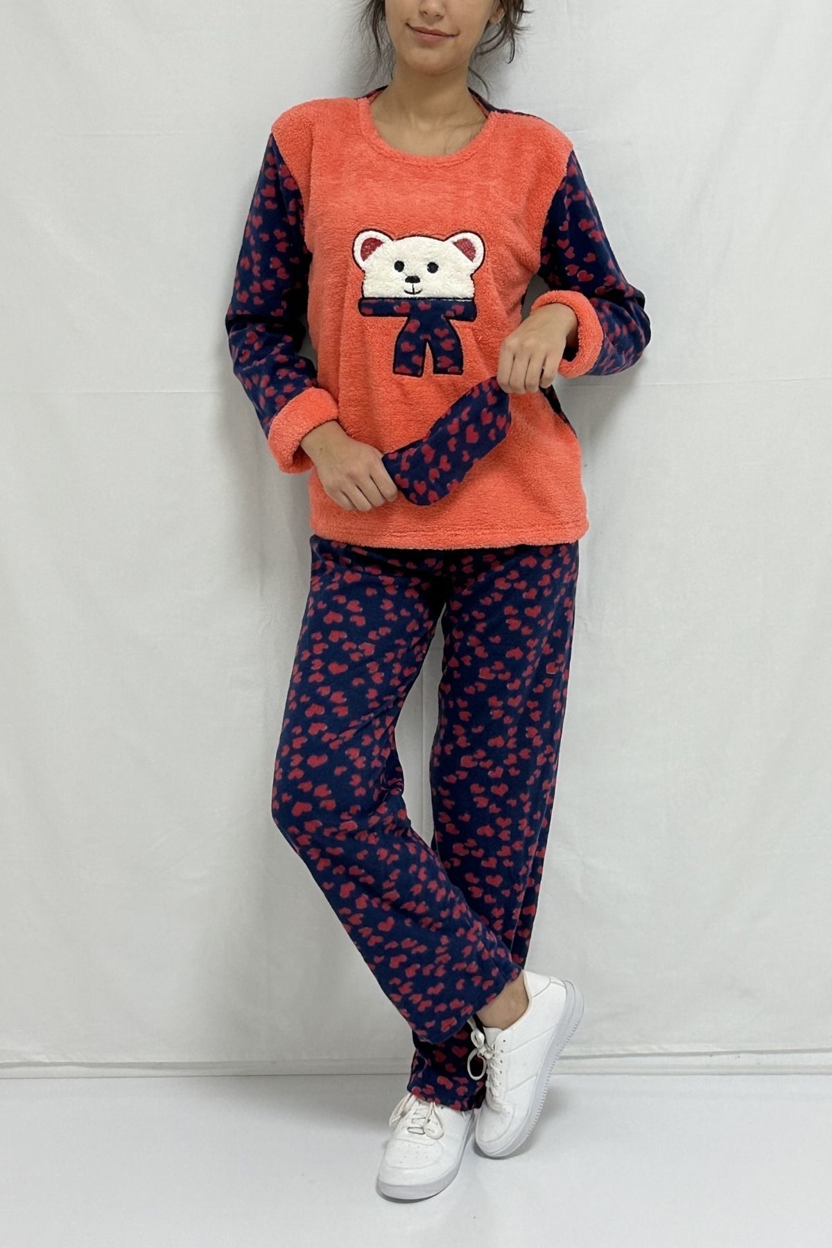 CLZ944 Panda Nakışlı Pijama Takımı Turuncu