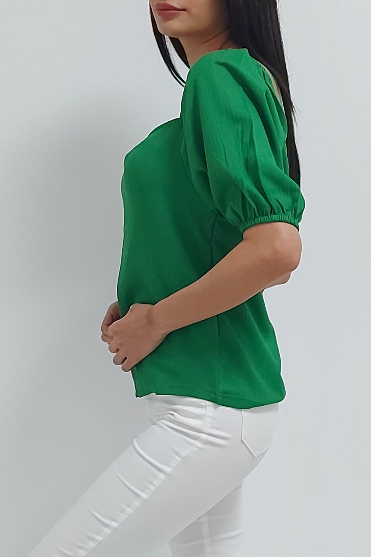 CLZ944 Kare Yaka Balon Kol Bluz Yeşil