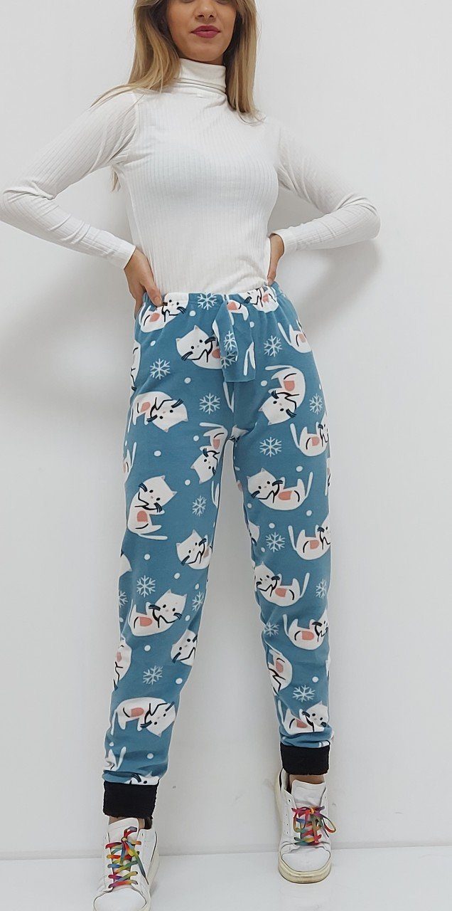 CLZ944 Kedi Desenli Paçası Polar Pijama Altı Mavi