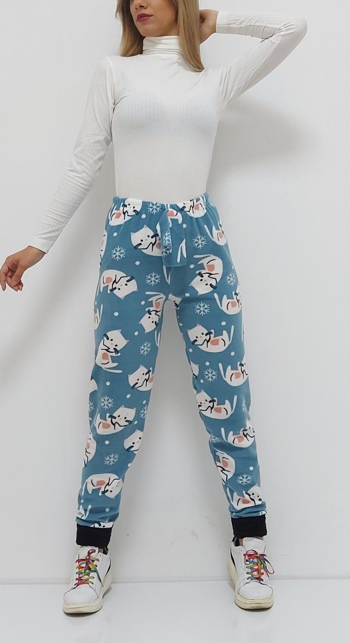 CLZ944 Kedi Desenli Paçası Polar Pijama Altı Mavi