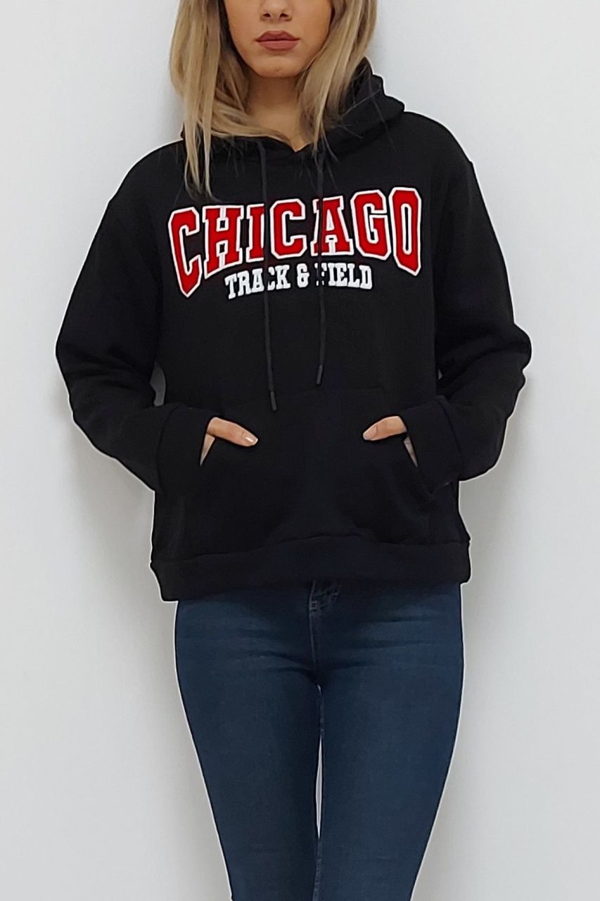 CLZ944 Chicago Baskılı Kapüşonlu Oversize İçi Tüylü Sweatshirt Siyah