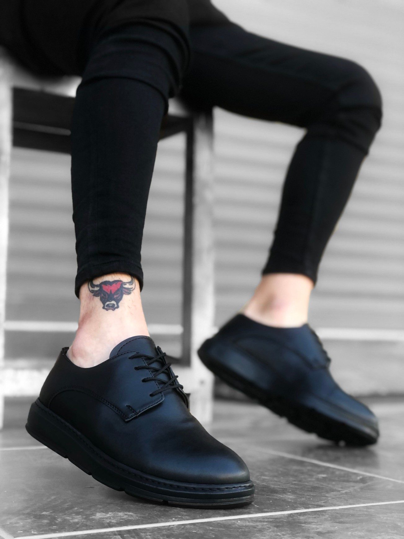 CLZ946 Bağcıklı Klasik Siyah Yüksek Siyah Taban Casual Erkek Ayakkabı