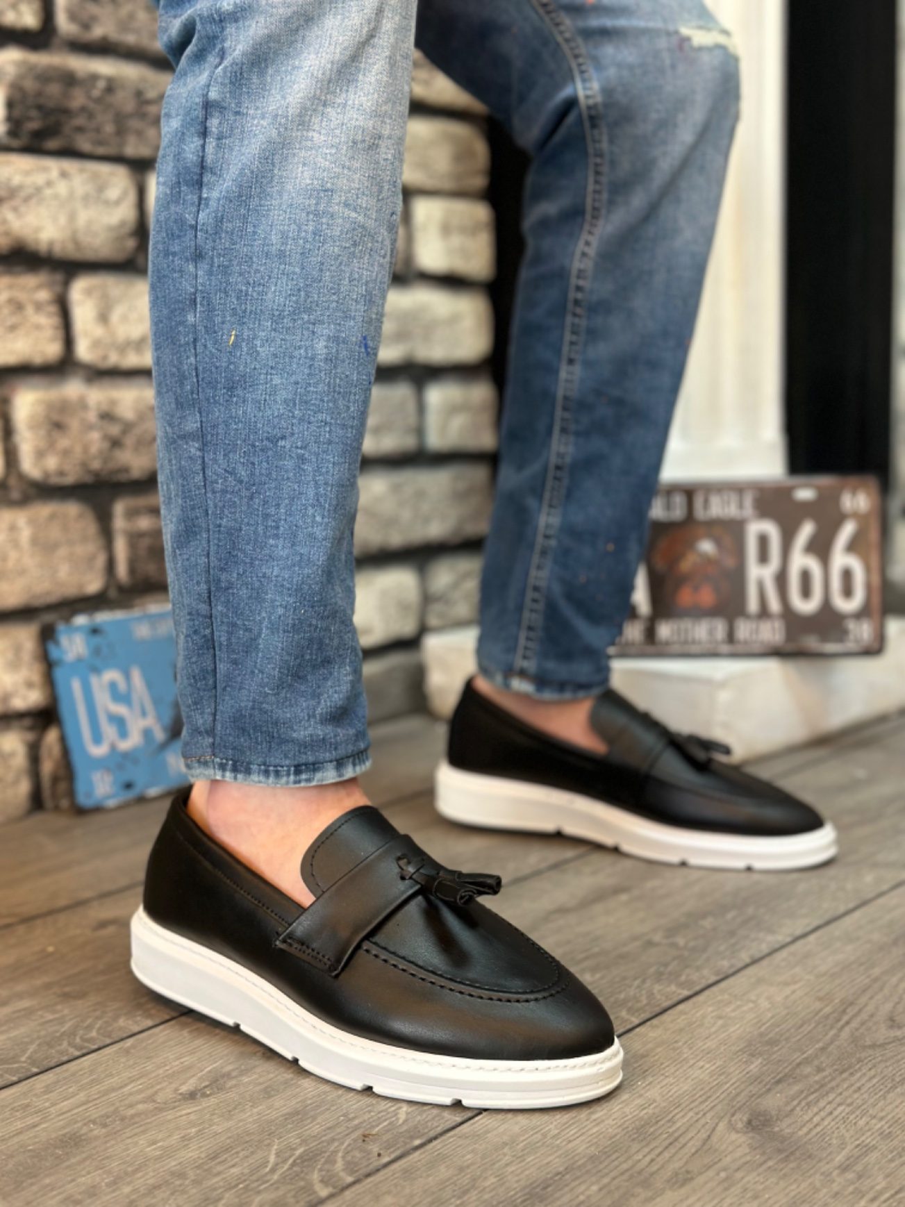 CLZ946 Bağcıksız Yüksek Beyaz Taban Klasik Cilt Deri Püsküllü Corcik Erkek Ayakkabı
