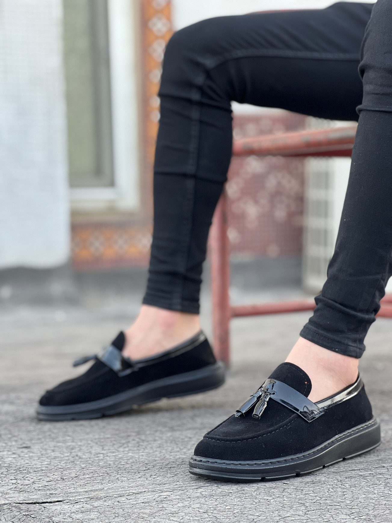 CLZ946 Bağcıksız Yüksek Taban Klasik Siyah Süet Parlak Kuşaklı Püsküllü Erkek Ayakkabı