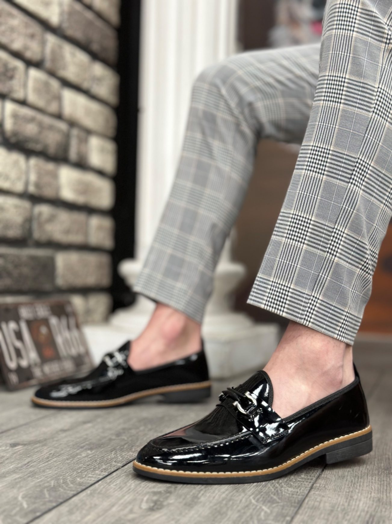CLZ946 Rugan Püsküllü Corcik Siyah Çengel Tokalı Klasik Erkek Ayakkabısı
