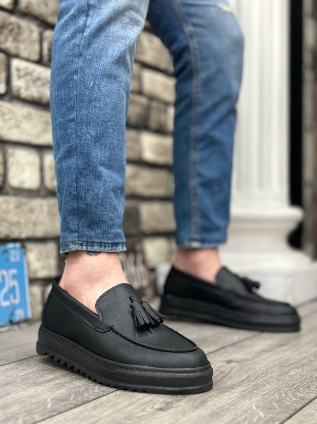 CLZ946 Bağcıksız Yüksek Taban Cilt Siyah Renk Püsküllü Erkek Ayakkabı