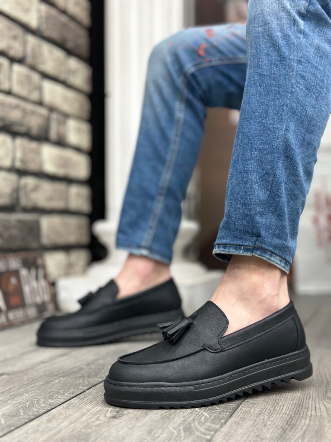 CLZ946 Bağcıksız Yüksek Taban Cilt Siyah Renk Püsküllü Erkek Ayakkabı