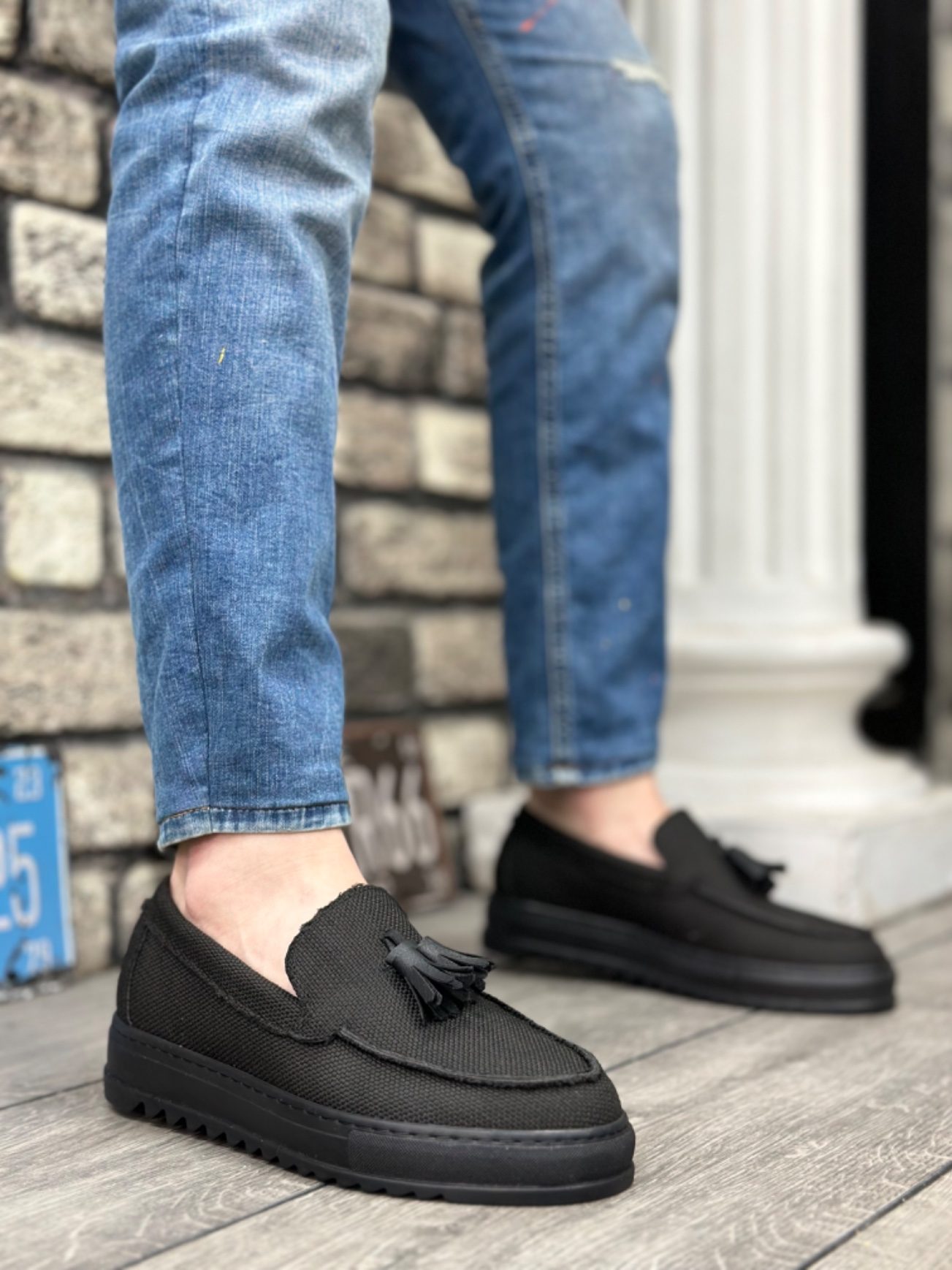 CLZ946 Bağcıksız Yüksek Taban Siyah Keten Siyah Taban Püsküllü Erkek Ayakkabı