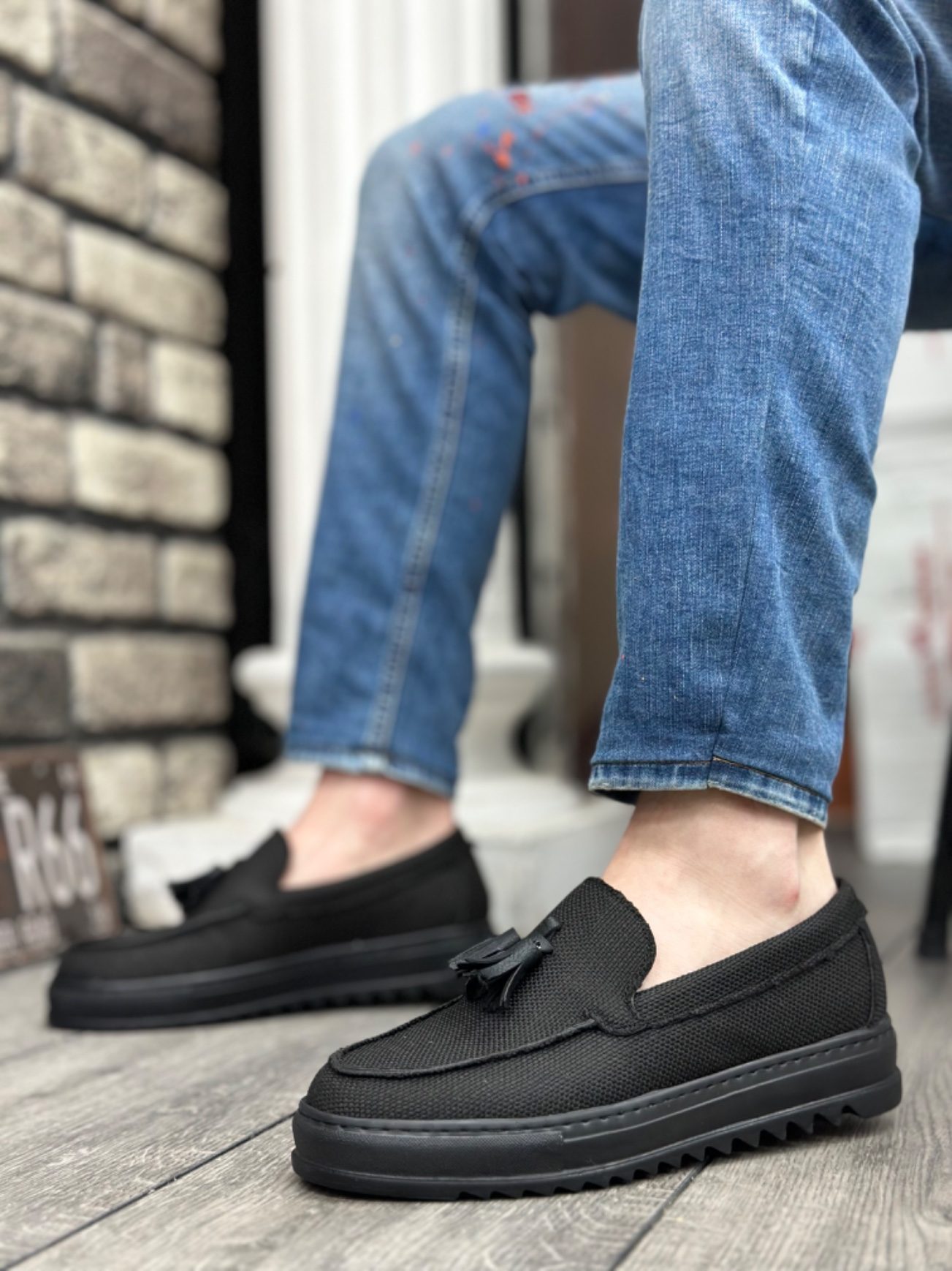 CLZ946 Bağcıksız Yüksek Taban Siyah Keten Siyah Taban Püsküllü Erkek Ayakkabı