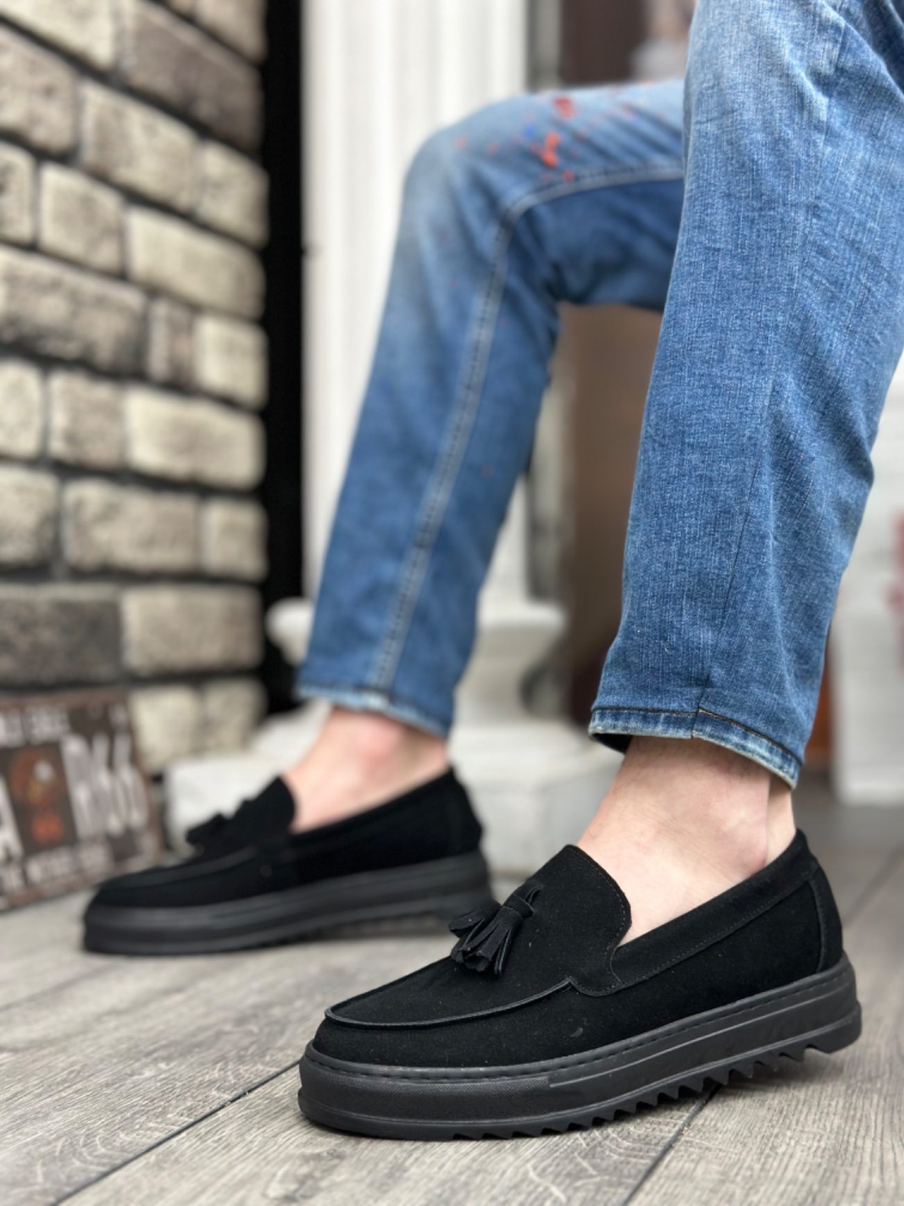 CLZ946 Bağcıksız Yüksek Taban Süet Siyah Renk Siyah Taban Püsküllü Erkek Ayakkabı