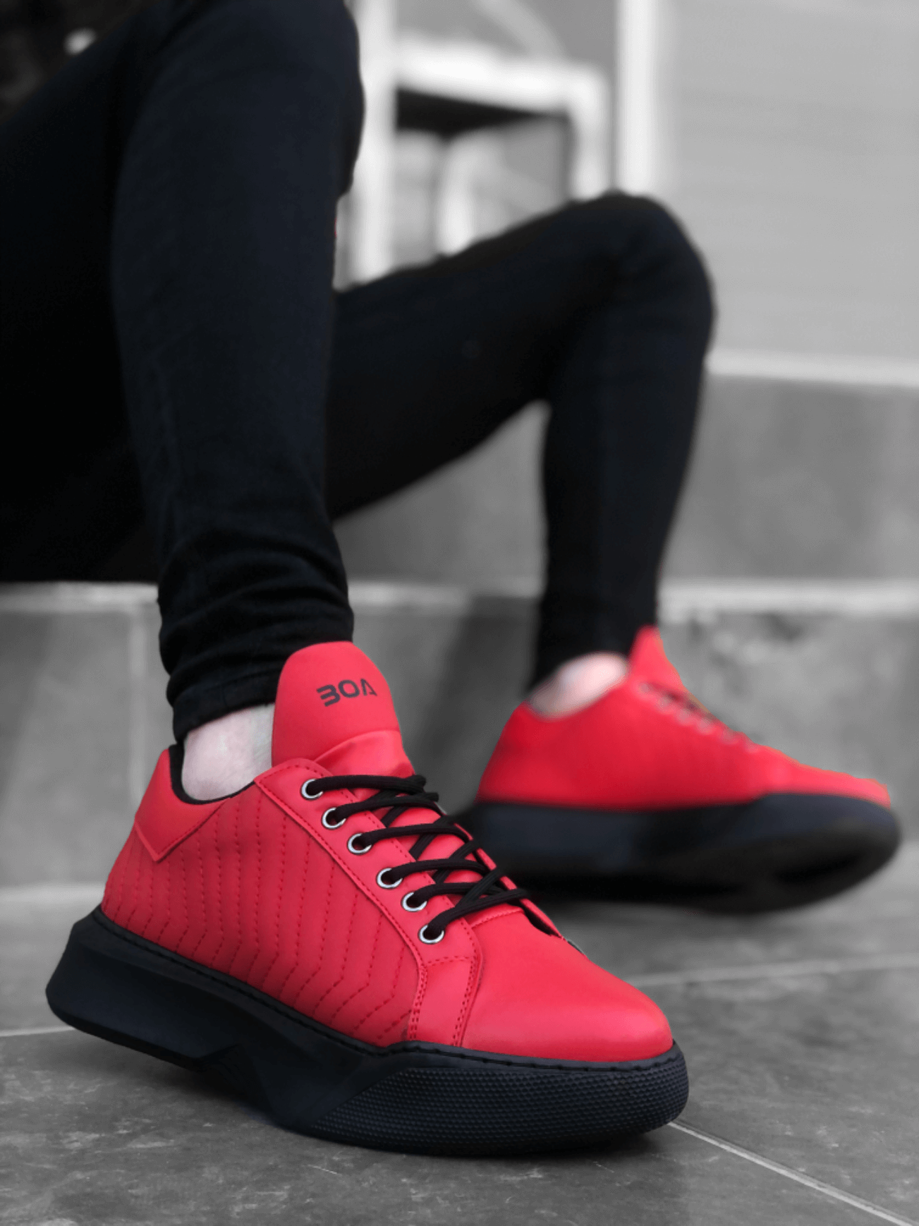 CLZ946 Bağcıklı Erkek Model Dikişli Yüksek Taban Kırmızı Spor Ayakkabı