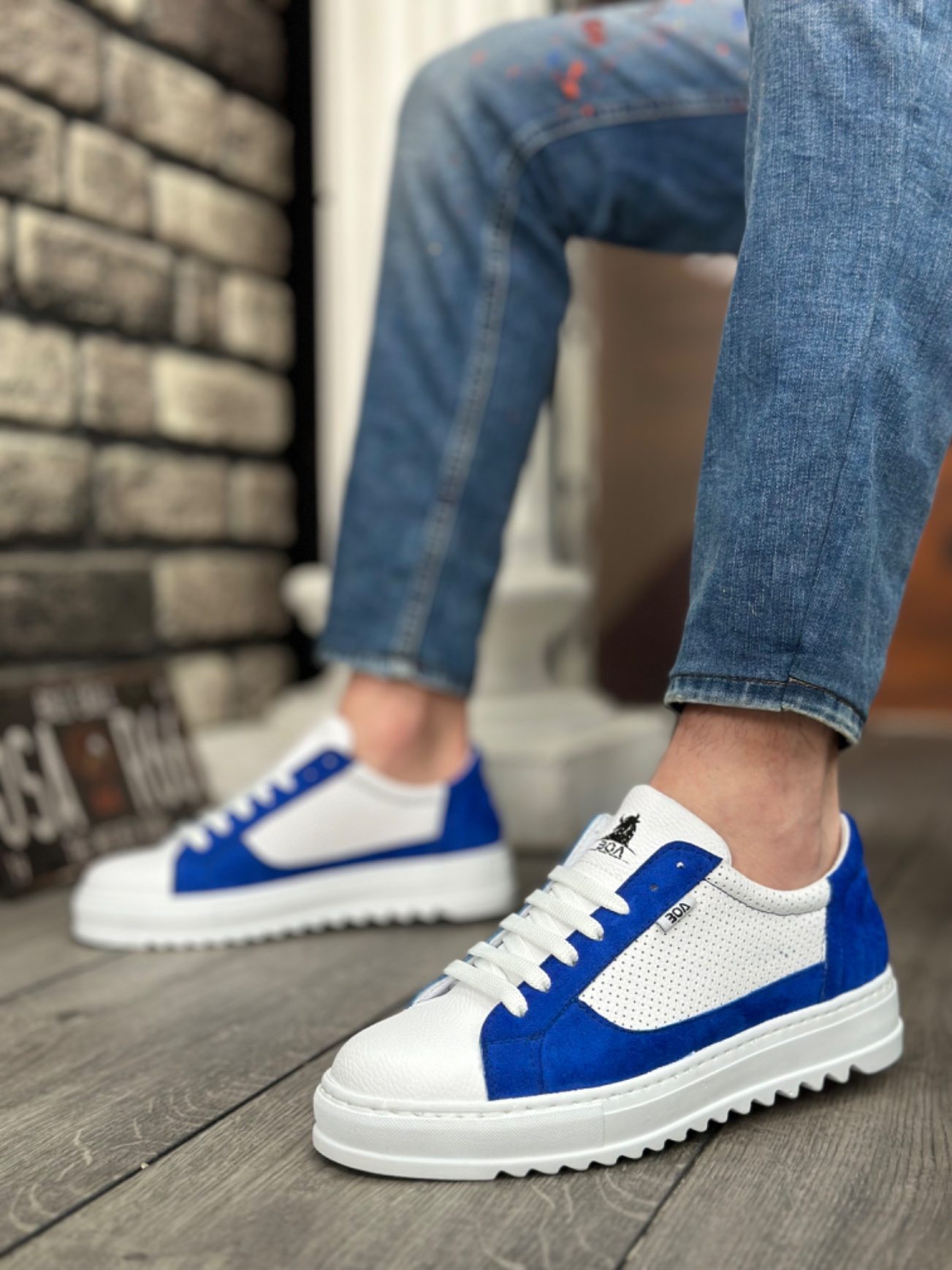 CLZ946  Kalın Tırtık Yüksek Taban Beyaz Mavi Bağcıklı Spor Erkek Ayakkabı