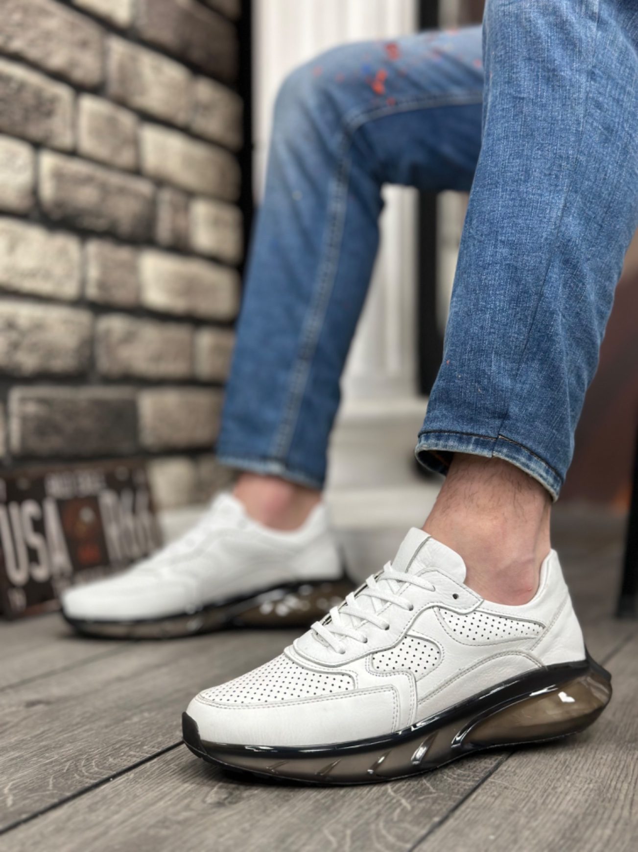 CLZ946 İçi Dışı Hakiki Deri Rahat Taban Beyaz Sneakers Casual Erkek Ayakkabı