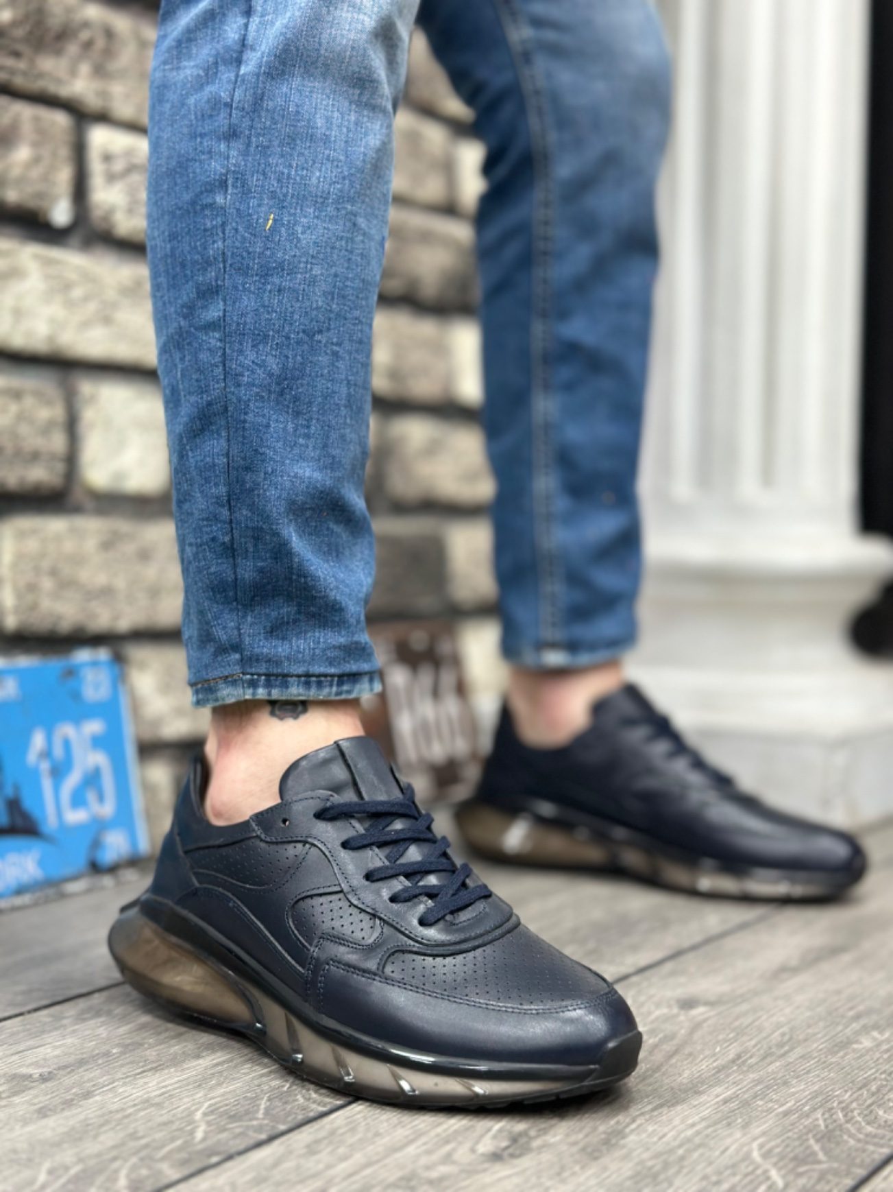 CLZ946 İçi Dışı Hakiki Deri Rahat Taban Lacivert Sneakers Casual Erkek Ayakkabı