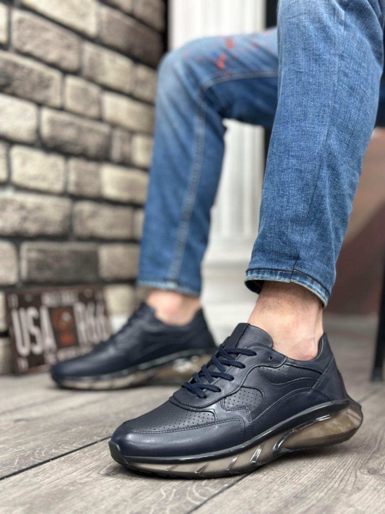 CLZ946 İçi Dışı Hakiki Deri Rahat Taban Lacivert Sneakers Casual Erkek Ayakkabı