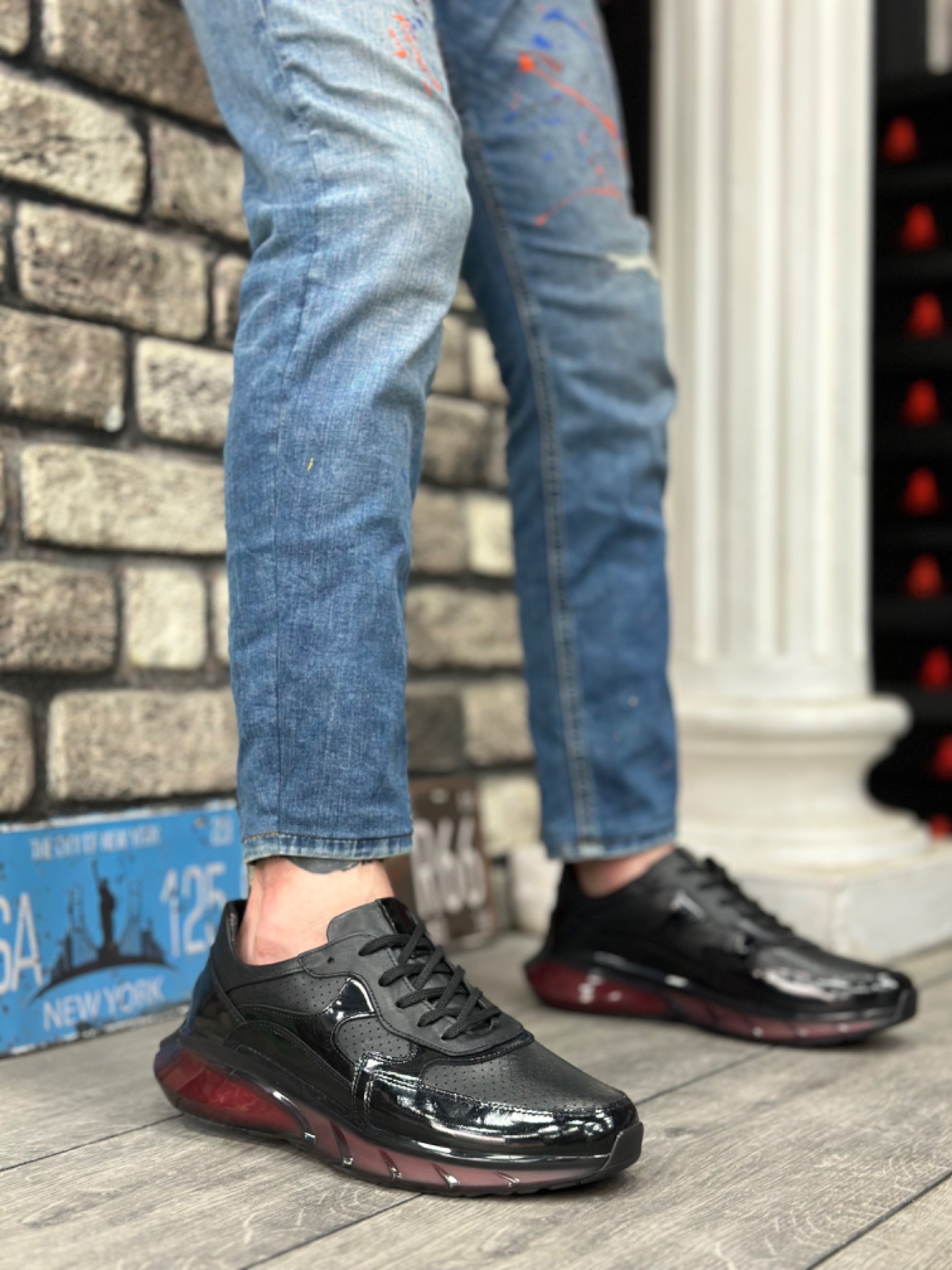 CLZ946 İçi Dışı Hakiki Deri Rahat Taban Siyah Kırmızı Sneakers Casual Erkek Ayakkabı