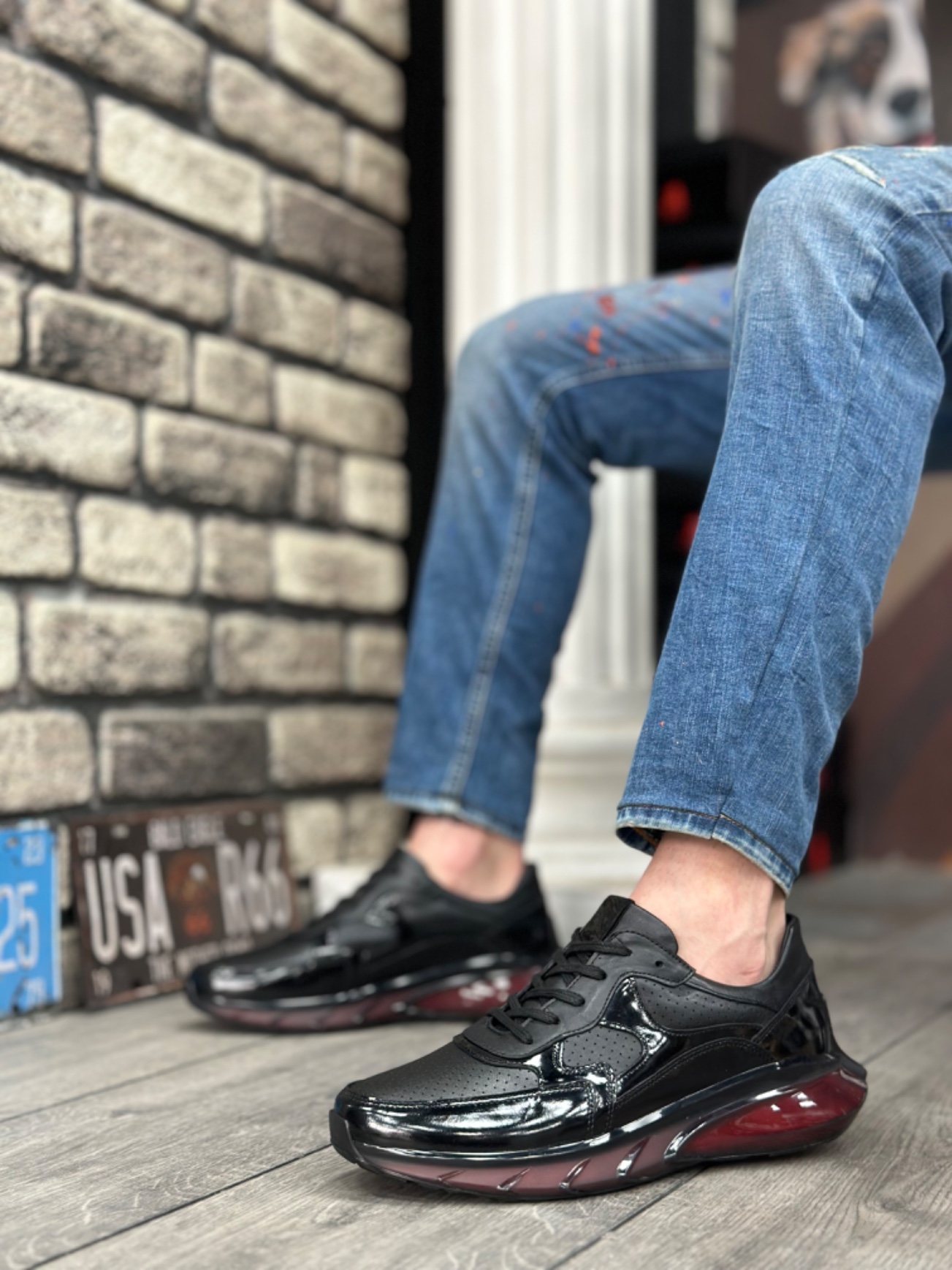 CLZ946 İçi Dışı Hakiki Deri Rahat Taban Siyah Kırmızı Sneakers Casual Erkek Ayakkabı