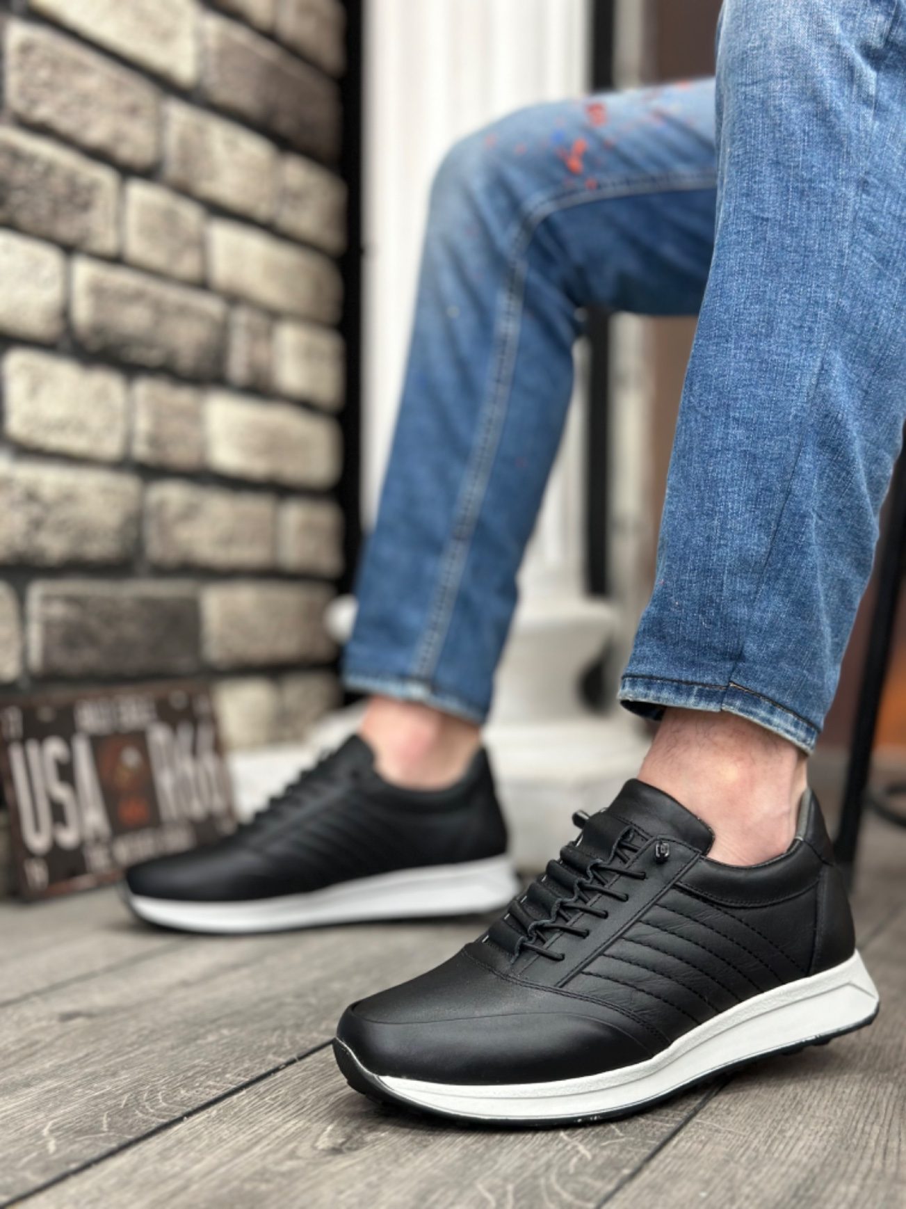 CLZ946 İçi Dışı Hakiki Deri Gizli Bağcık Rahat Taban Siyah Sneakers Casual Erkek Ayakkabı