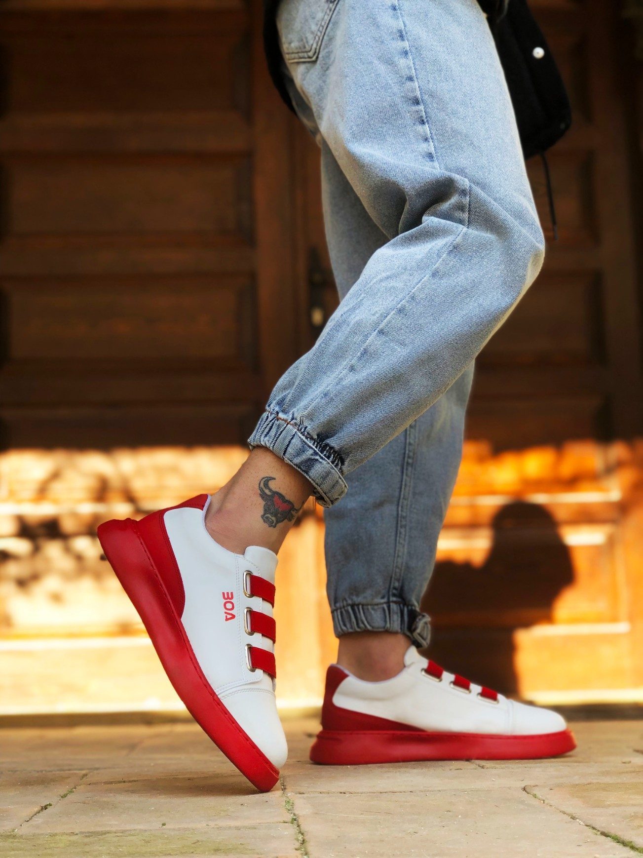 CLZ946  Bant Beyaz Kırmızı Detaylı Kalın Taban Casual Erkek Ayakkabı