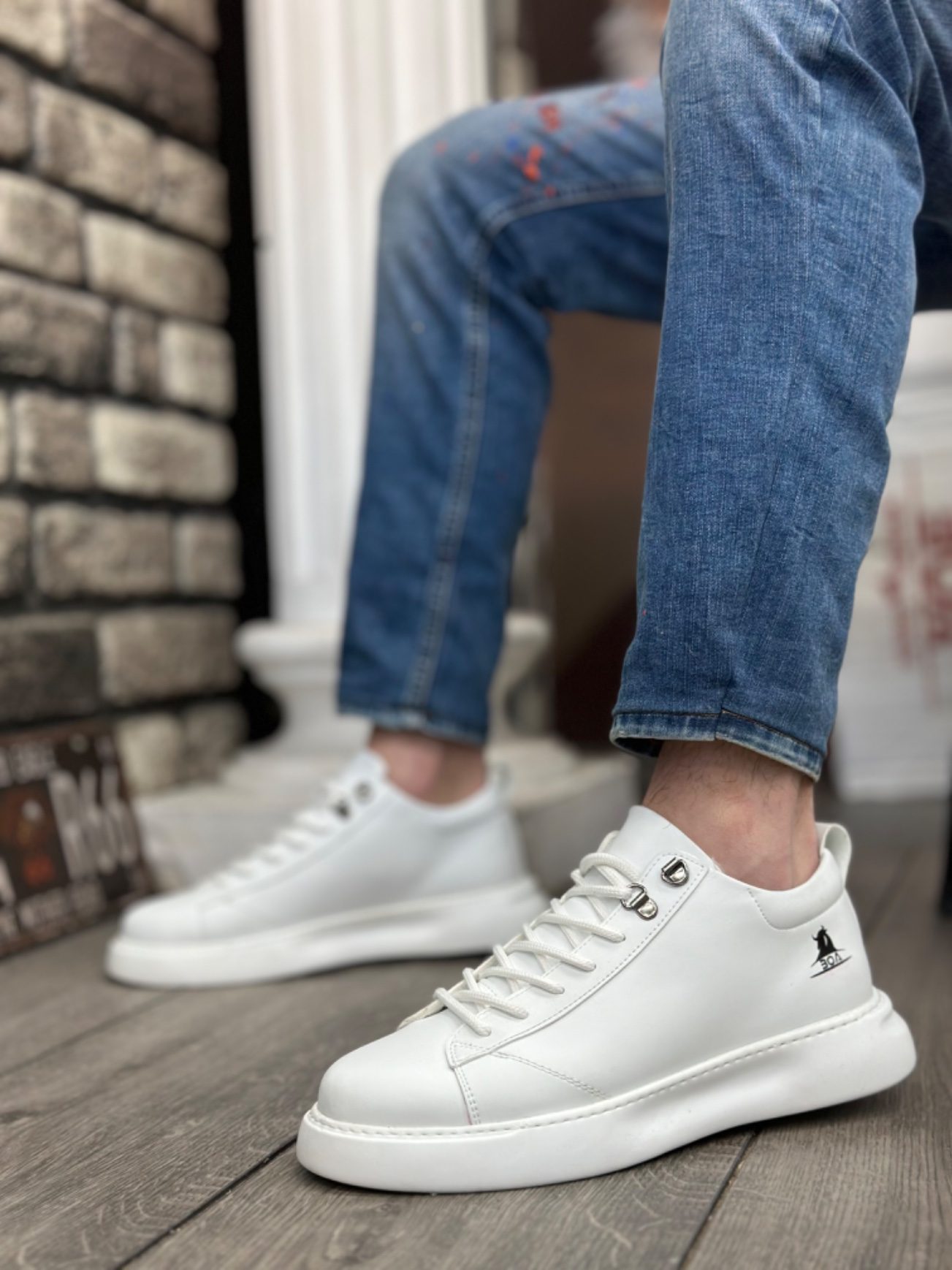 CLZ946 Bağcıklı Erkek Yüksek Taban Beyaz Cilt  Spor Ayakkabı