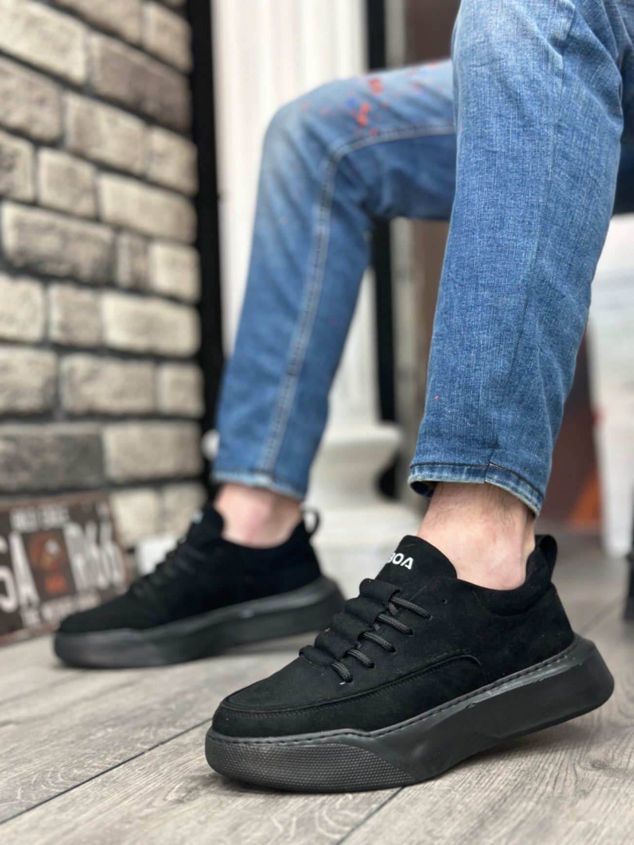 CLZ946 Merdiven Desen Bağcıklı Erkek Yüksek Taban Siyah Süet Siyah Taban Spor Ayakkabı