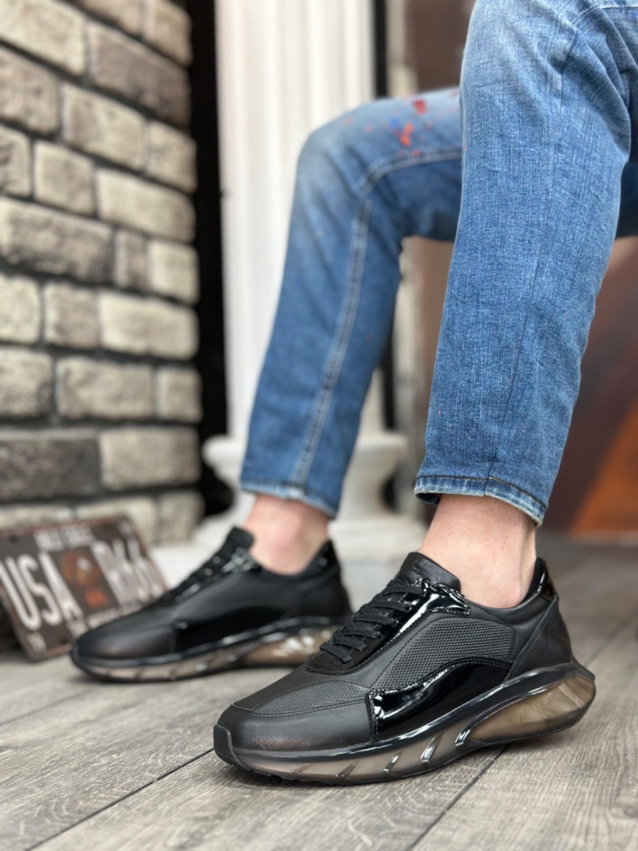 CLZ946 İçi Dışı Hakiki Deri Rahat Taban Siyah Sneakers Casual Erkek Ayakkabı