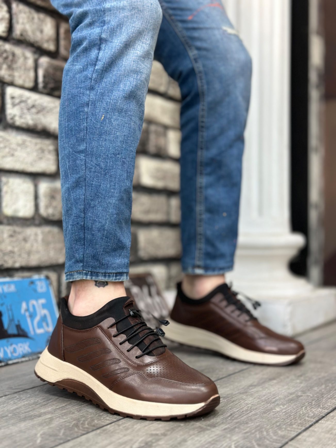 CLZ946 Hakiki Deri Rahat Taban Ayarlanabilir Lastik Bağcıklı Kahverengi Casual Erkek Ayakkabı