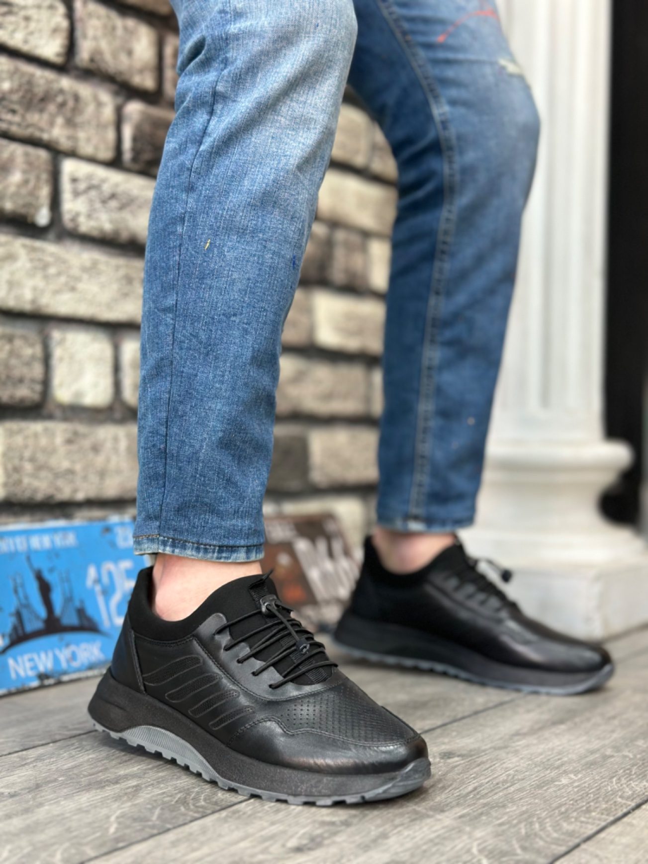 CLZ946 Hakiki Deri Rahat Taban Ayarlanabilir Lastik Bağcıklı Siyah Casual Erkek Ayakkabı