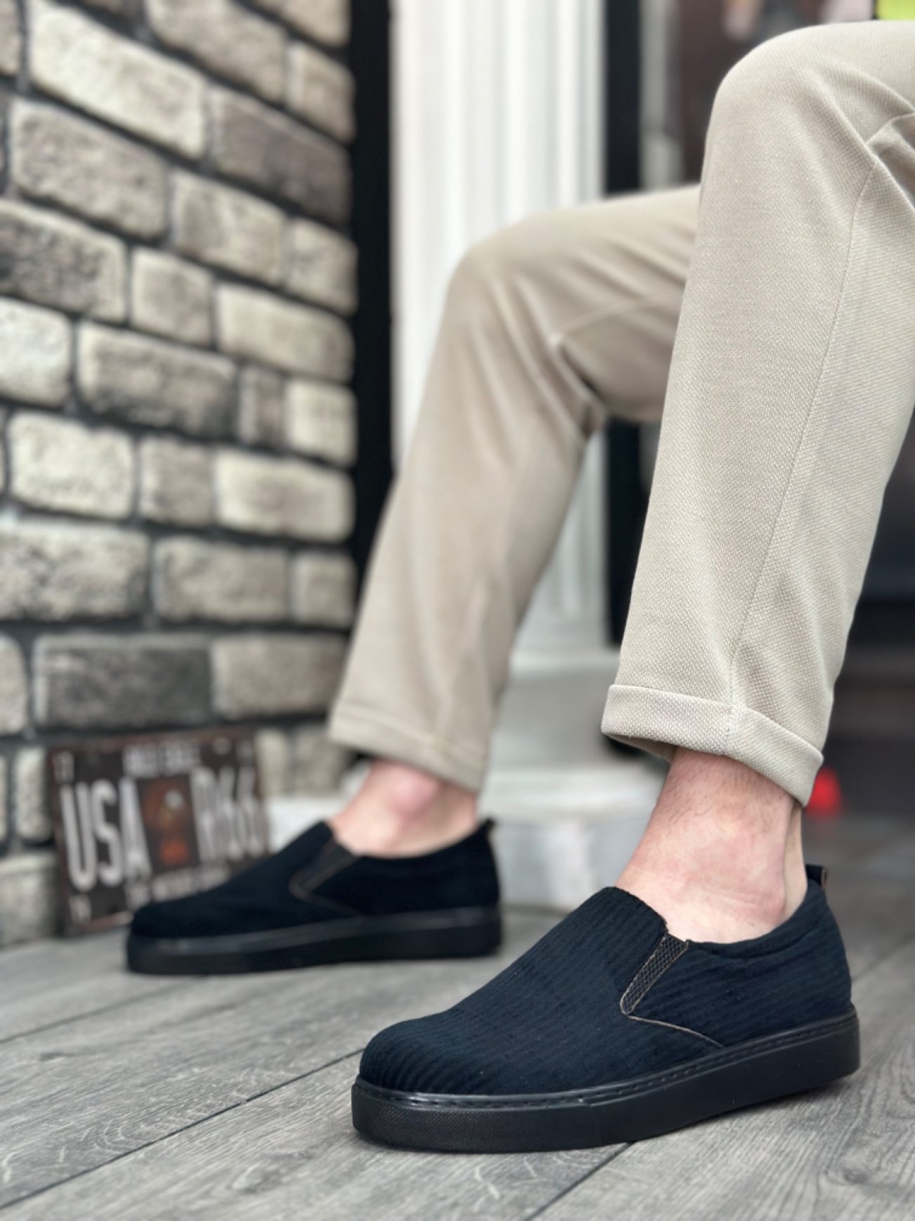 CLZ946 Bağcıksız Kadife Siyah Siyah Taban Günlük Erkek Ayakkabı