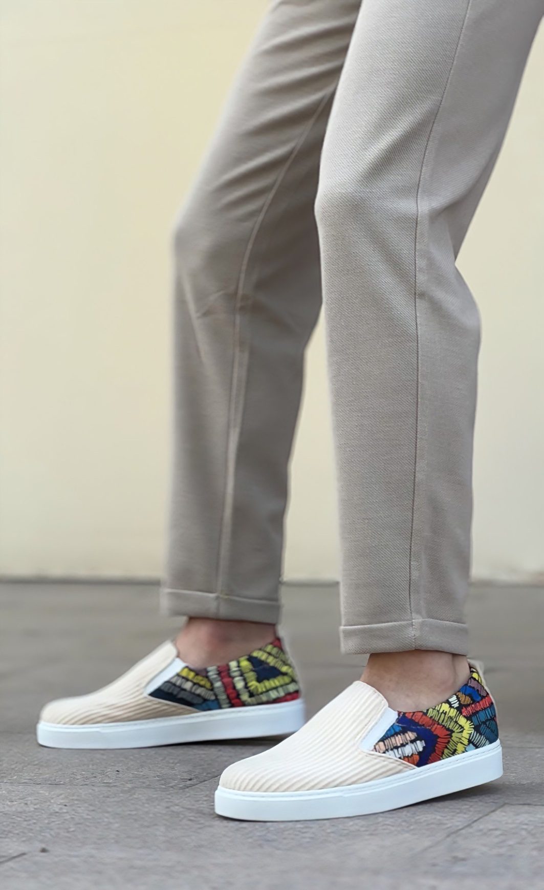CLZ946 Bağcıksız Keten Krem Renkli Desenli Beyaz Taban Günlük Erkek Ayakkabı