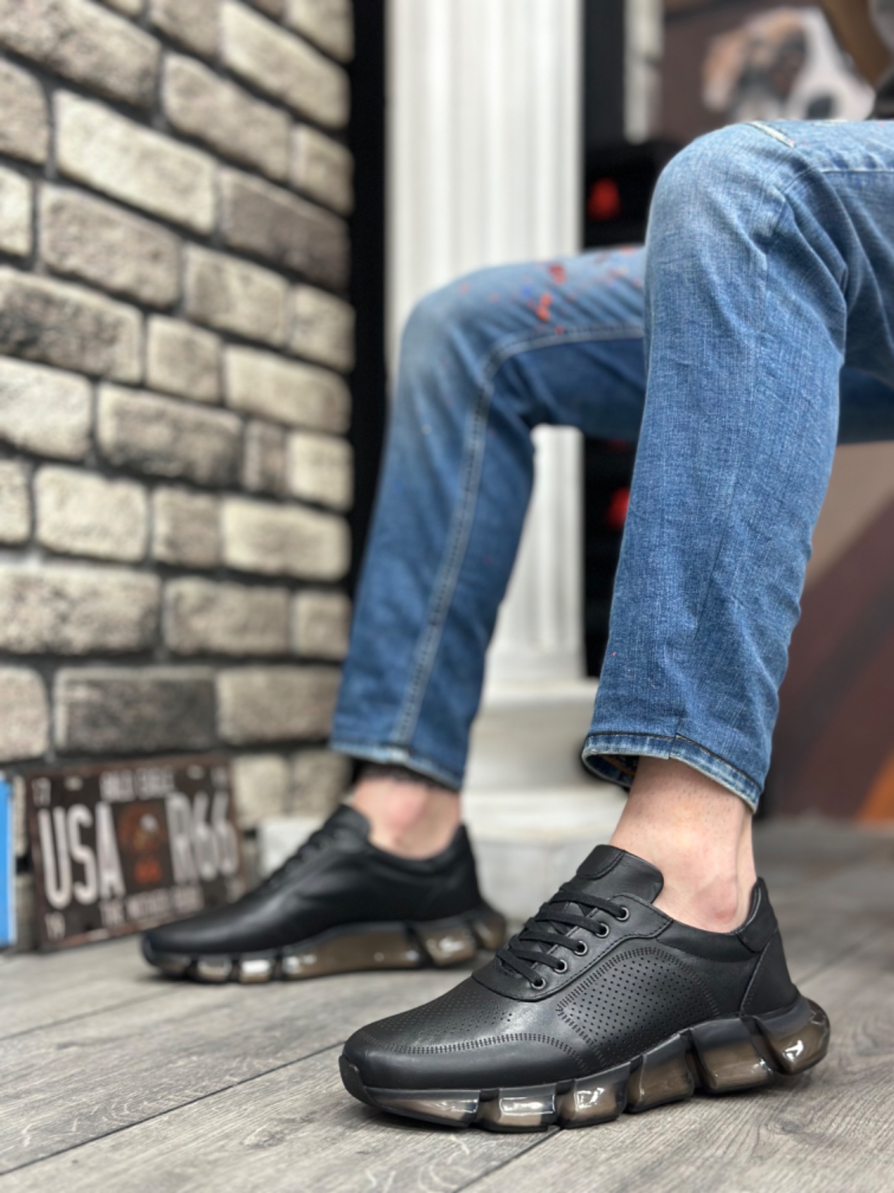 CLZ946 İçi Dışı Hakiki Deri Rahat Taban Siyah Sneakers Casual Erkek Ayakkabı
