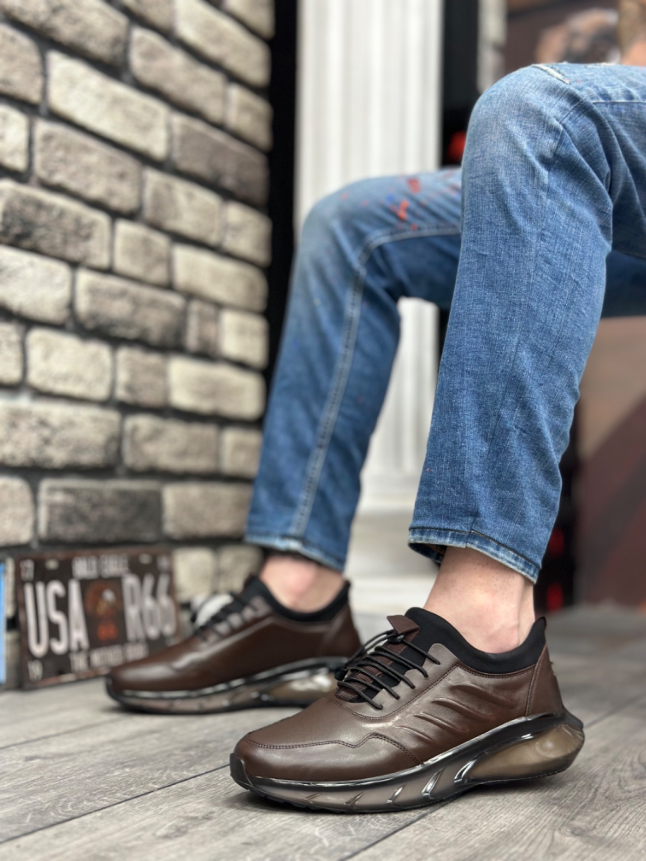 CLZ946 Hakiki Deri Rahat Taban Ayarlanabilir Lastik Bağcıklı Desenli Kahverengi Casual Erkek Ayakkabı